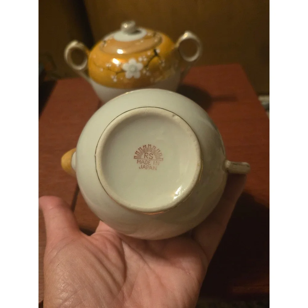 Vintage Lusterware Creamer and Sugar Bowl Set Orange Cherry Blossom Porcelain